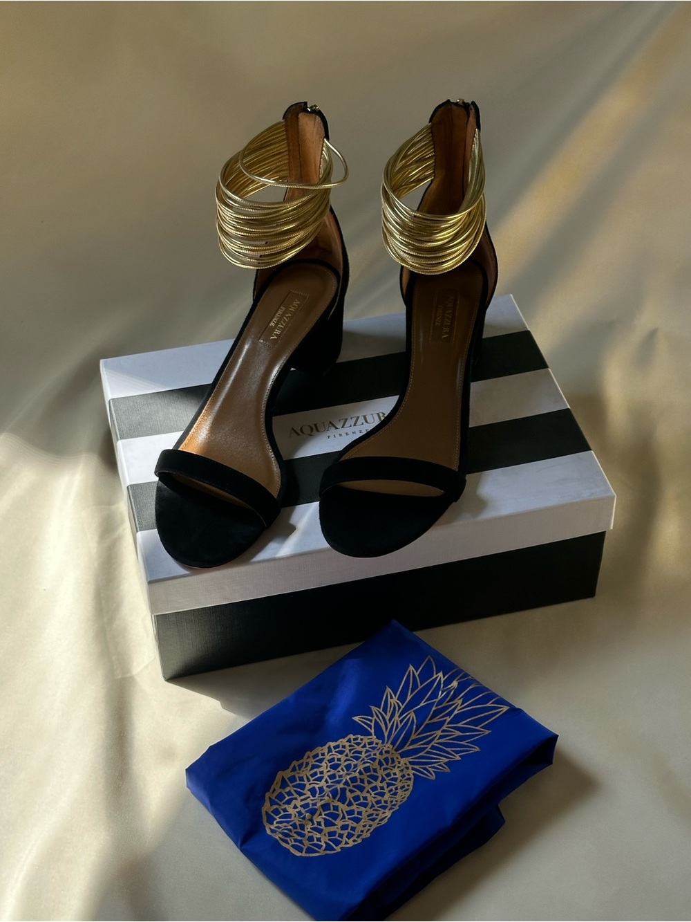 Aquazzura Black Suede Heels with Gold Wrap Ankle Detail. Size 39.5